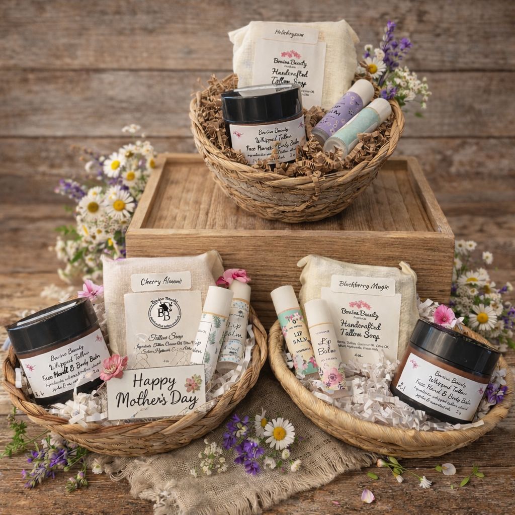 Bovine Beauty Tallow Gift Sets a selection of products in cane basket heat sealed and for valentines day