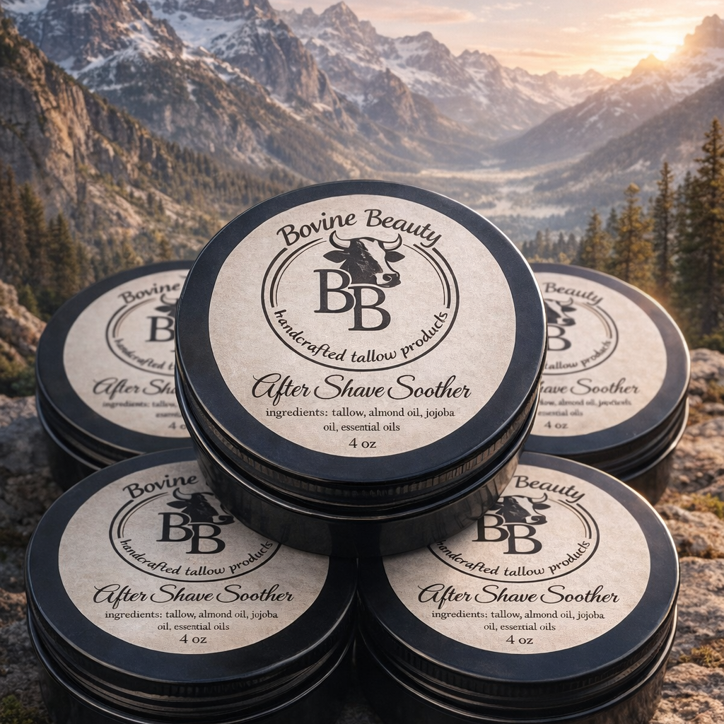 Stack of Bovine Beauty After Shave Soothers with a mountainous landscape in the background