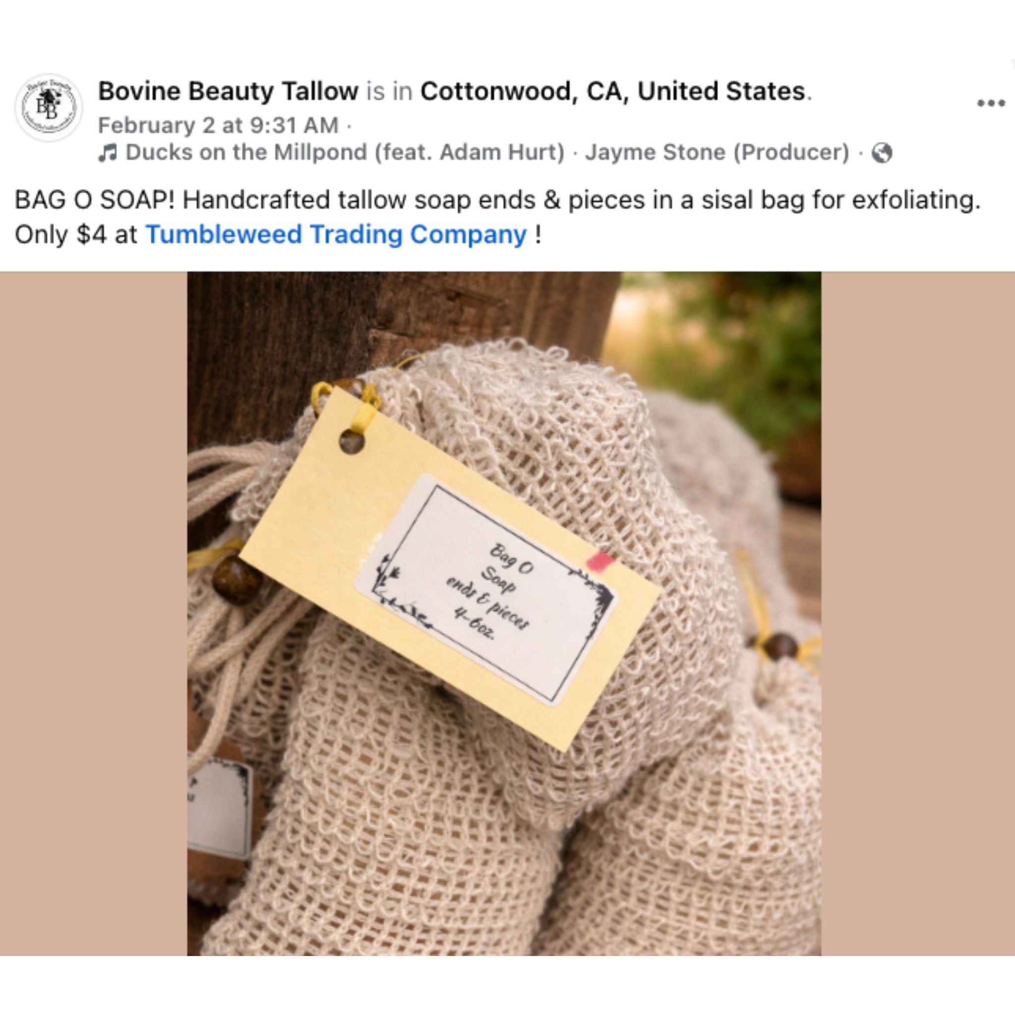 Handcrafted tallow soap in a sisal bag with a tag from a facebook post