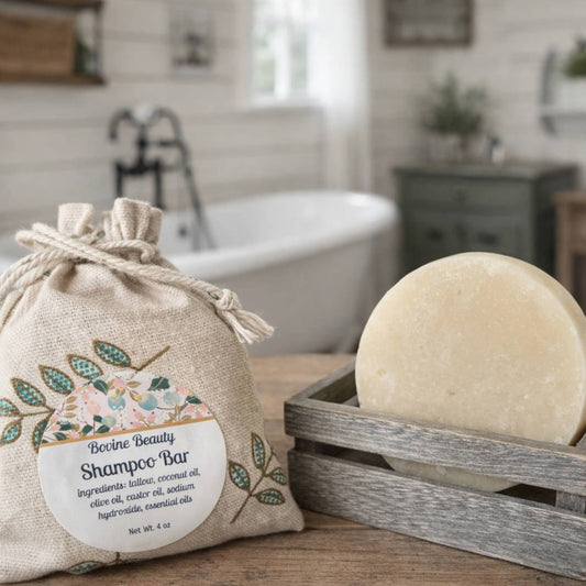 Shampoo bar in a drawstring bag with a label on a wooden surface in a bathroom setting.